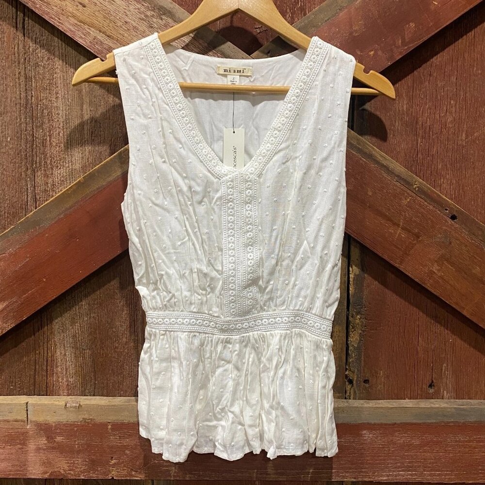 Miami Francesca's Peplum Prairie Top Small Ivory Gathered Waist Swiss Dot Fairy